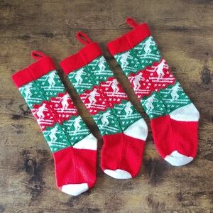 Vintage Ski Knit Red and Green Christmas Stockings Set Of 3